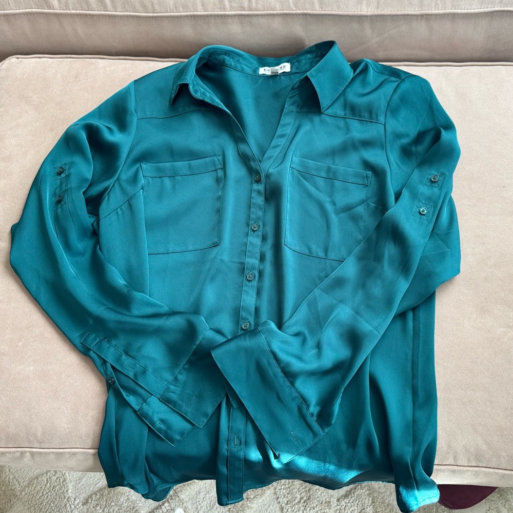 Express The Portofino Shirt satiny silky blouse shirt gorgeous green large - Picture 7 of 10